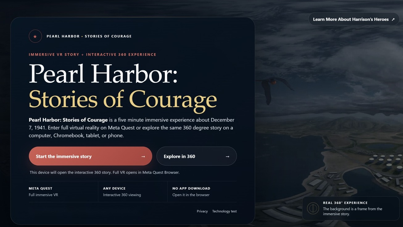 Working Pearl Harbor Stories of Courage immersive experience homepage