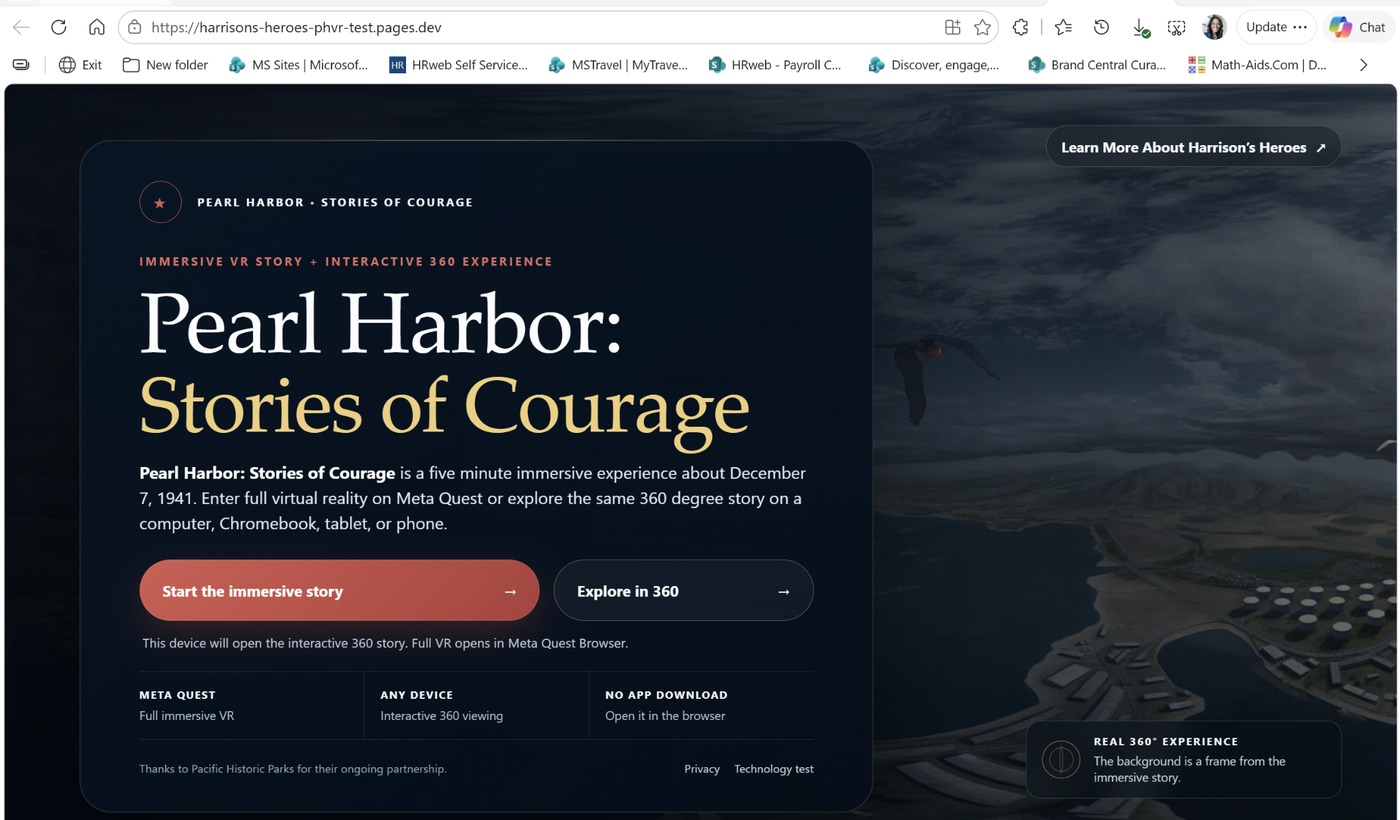 The working Pearl Harbor Stories of Courage immersive experience homepage
